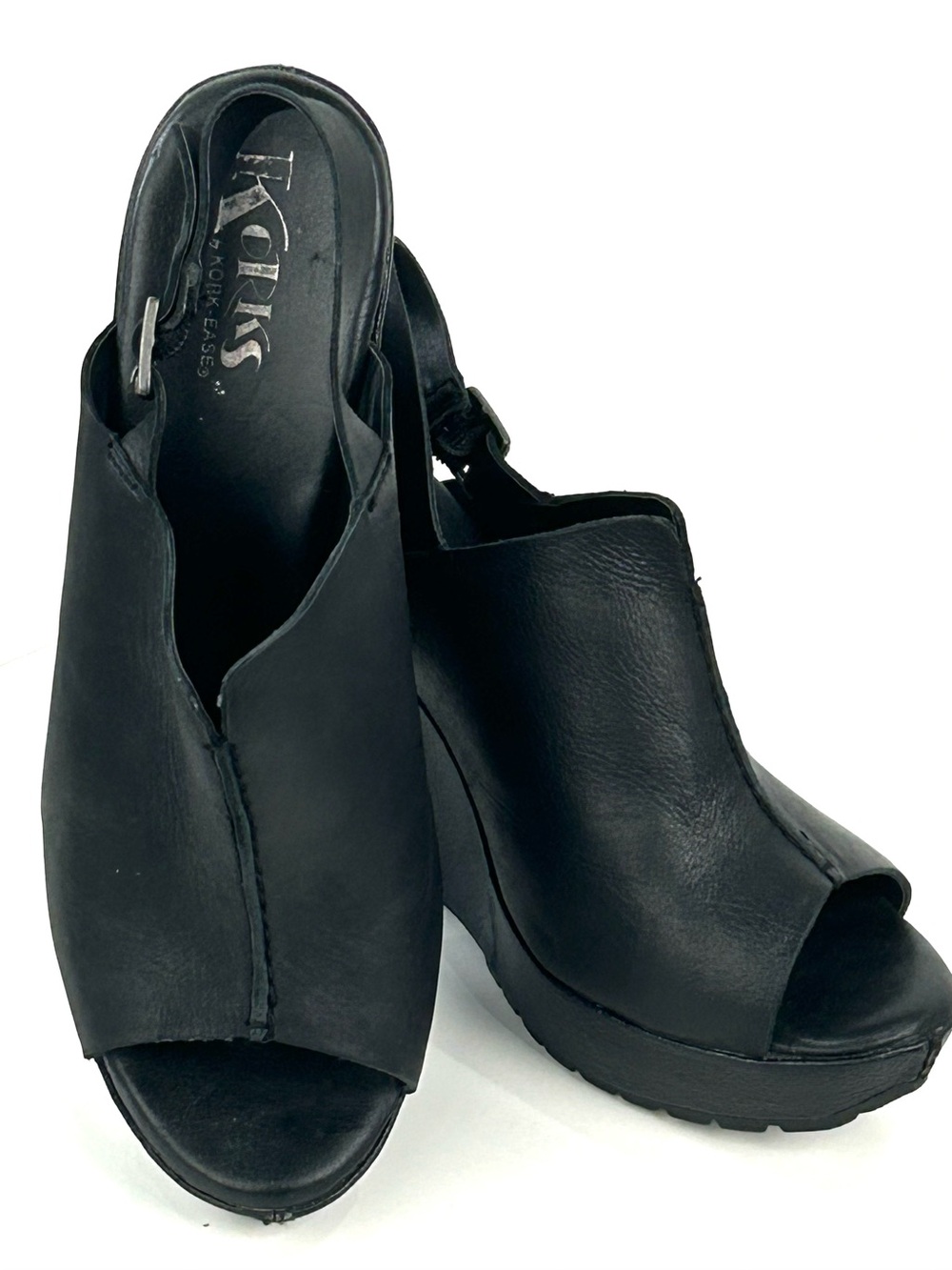 Korks by Kork-Ease Black Leather Platform Wedge Sandals Size 10 Slingback
